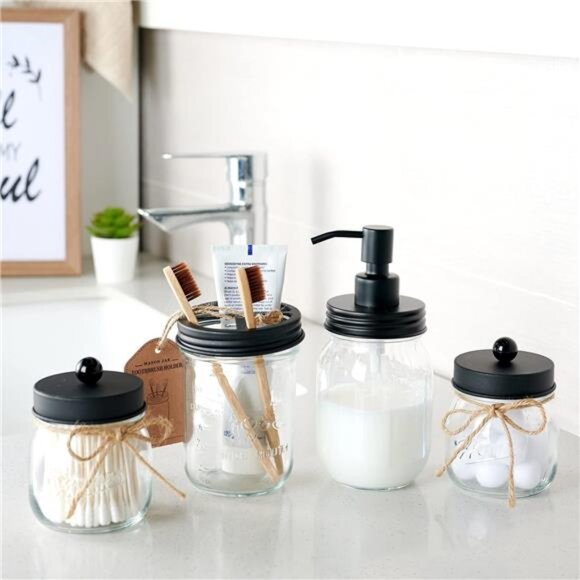 Farmhouse bathroom mason jar toothbrush holder rustic vanity organizer black - Picture 4 of 8